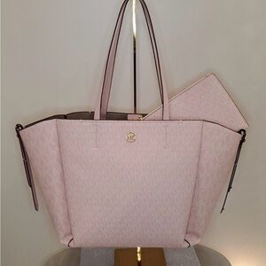 $398 AUTHENTIC NEW MICHAEL KORS LIGHT PINK WHITE SMOKEY ROSE FREYA OPEN TOTE BAG